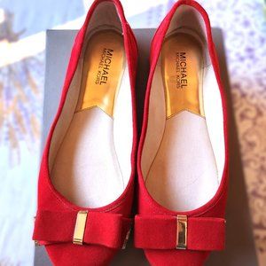 Michael Kors Red Suede Bow Signature Gold Trim KIERA BALLET Flat  Sz 9